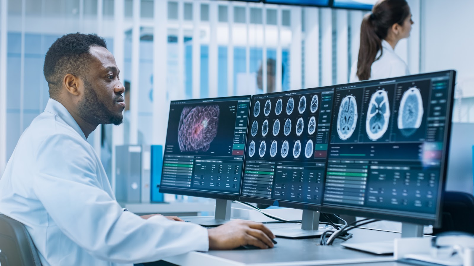 Teleradiology reporting service — radiologist reviewing scans